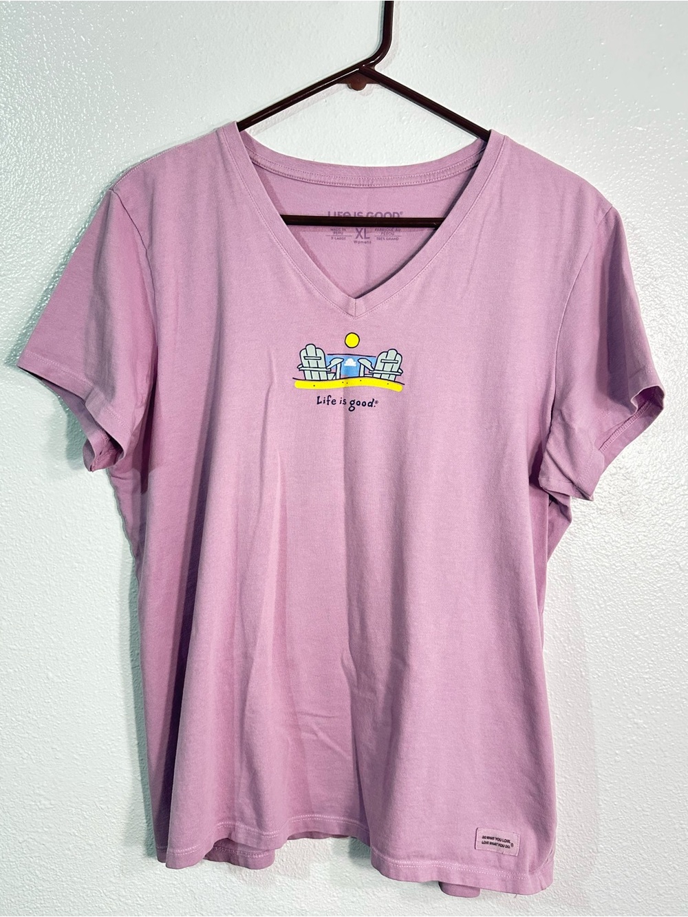 Life Is Good Lavender V-Neck Tee with Sunset Graphic